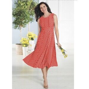 NorthStyle Women's 24W Red White Dot Dress Sleeveless Ruched Waist Midi